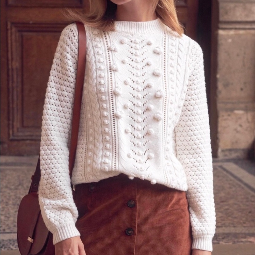 SEZANE Rob Jumper Sweater 100% WOOL Size XS Coquette Pointelle Bobble Ecru Cream